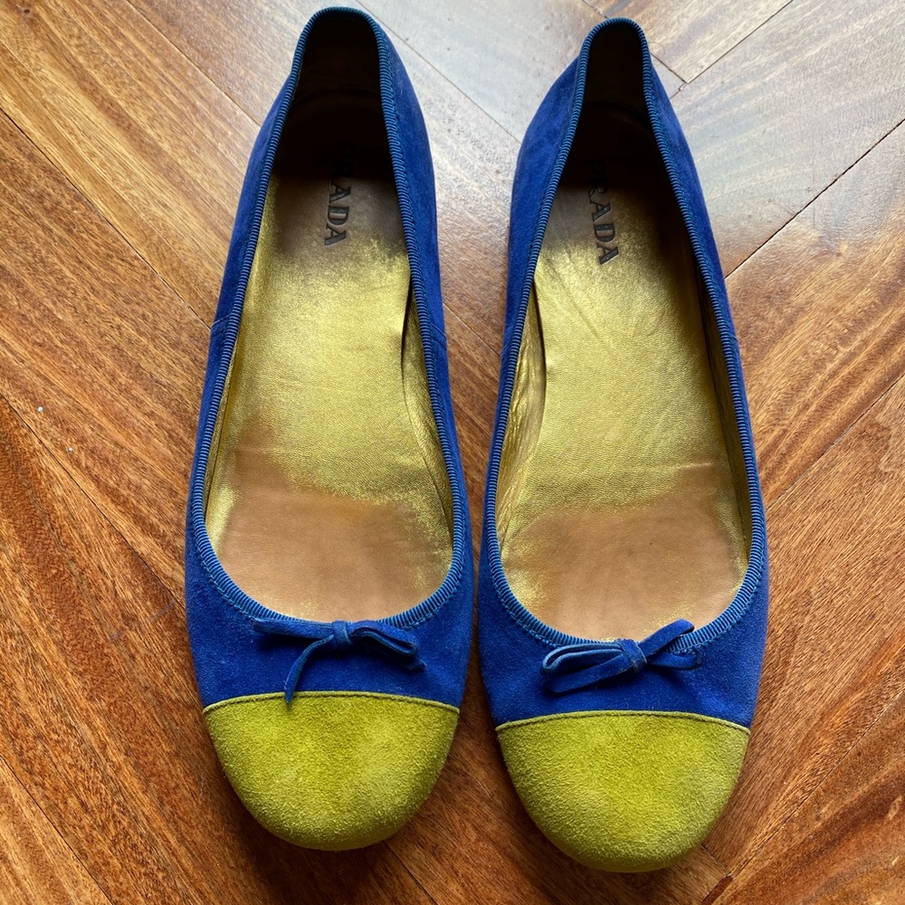 Prada marine blue and lime green suede ballet flats, EU Size 40, fit like a 9